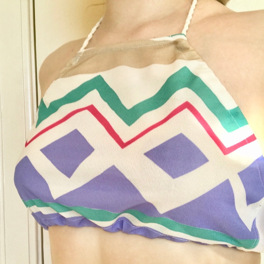 Bralette top with funky purple green pink pattern